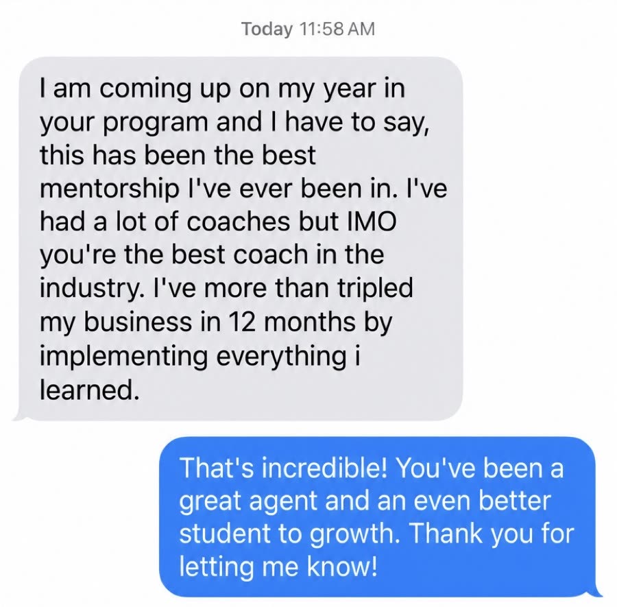Student message: best mentorship I have ever been in, more than tripled my business in 12 months
